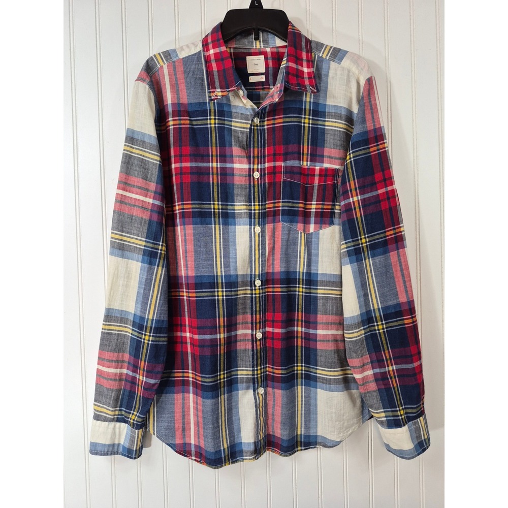 Gap Mens Large Red Blue Plaid Long Sleeve Button Down 100%Cotton Shirt Sheer
